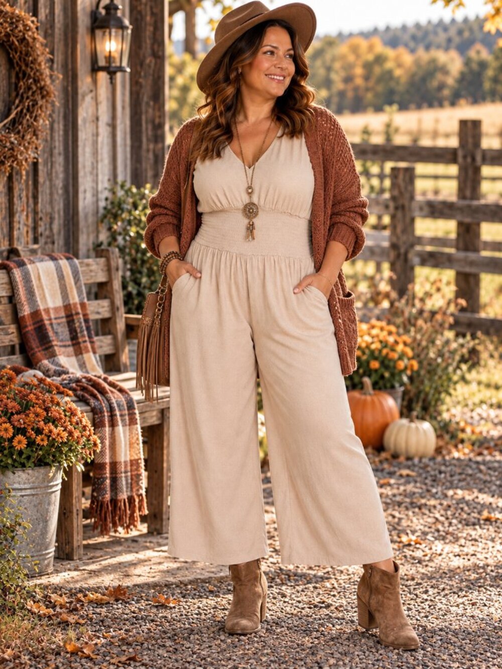 Just Be Size 2X measures 12/14 Tan Smocked Waist Wide Leg Jumpsuit